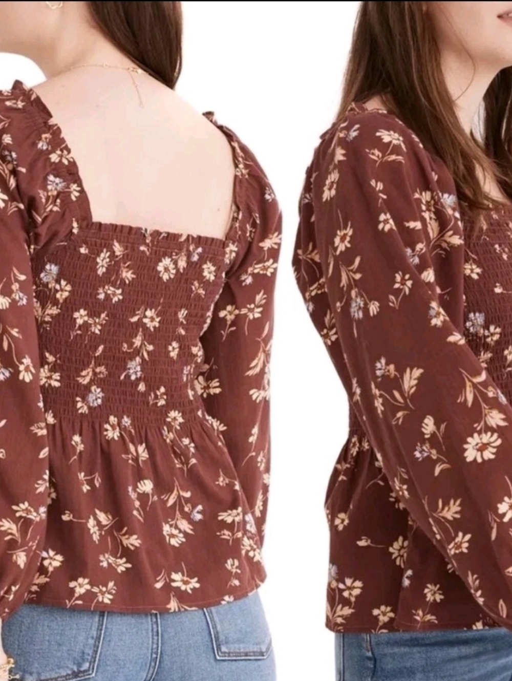 Madewell Square Neck Smocked Puff Sleeve Top Size 0 Brown Floral Cottagecore